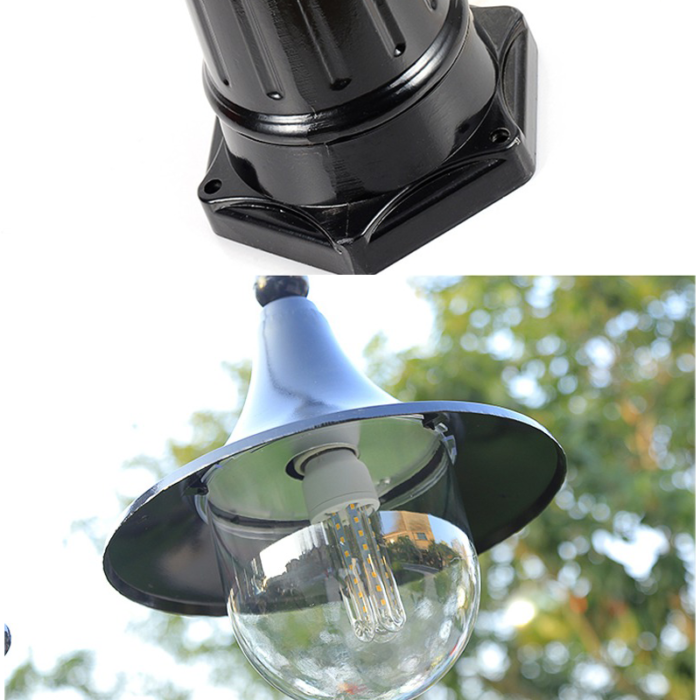 Lampadaire extérieur, fer noir, eclairage sphèrique, ht 260 cm, detail lampe